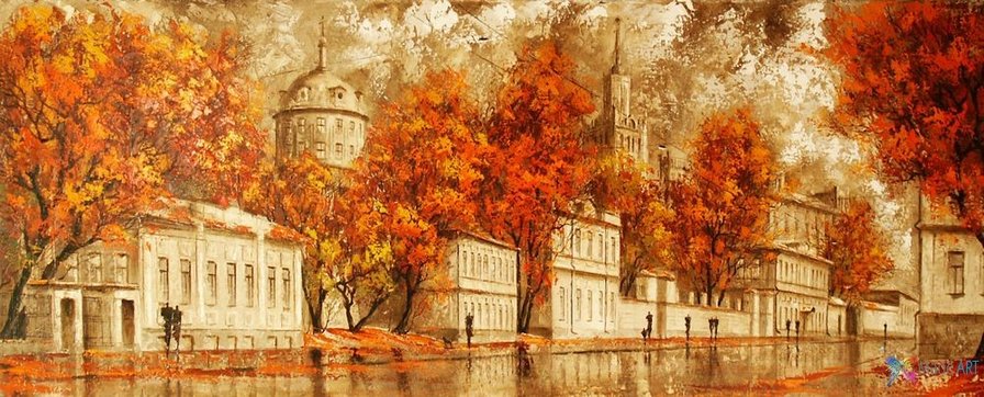 красная осень - осень, картина, дома - оригинал