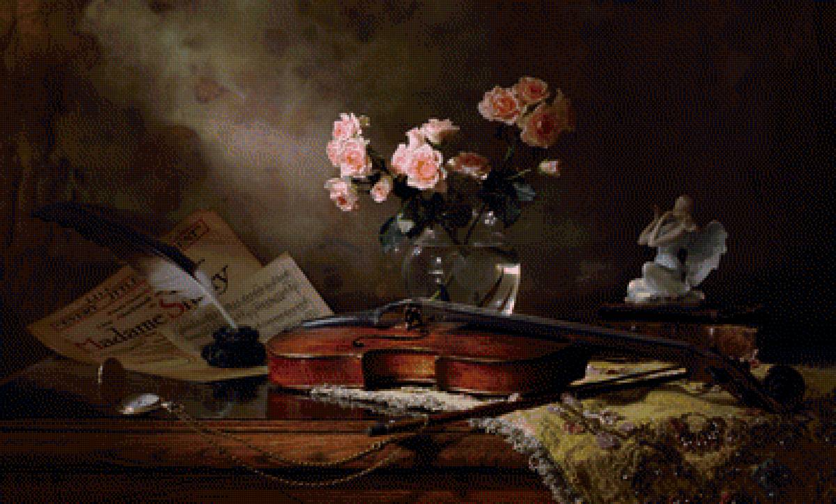 натюрморт со скрипкой - натюрморт со скрипкой, розы - предпросмотр