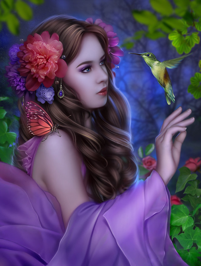 Эльфийская принцесса - лес, птичка, сказка, эльф, фея, природа - оригинал