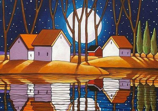 Луна - дома, река, ночь, звезды - оригинал
