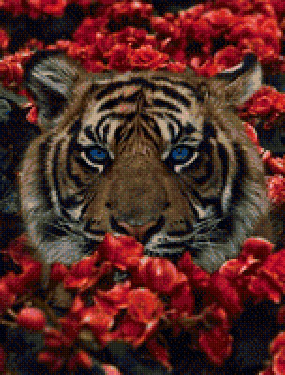 тигр - тигр, животное, цветы, большая кошка - предпросмотр