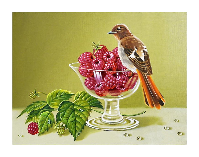 Серия "Натюрморты". - малина, ягоды, натюрморт, птицы - оригинал