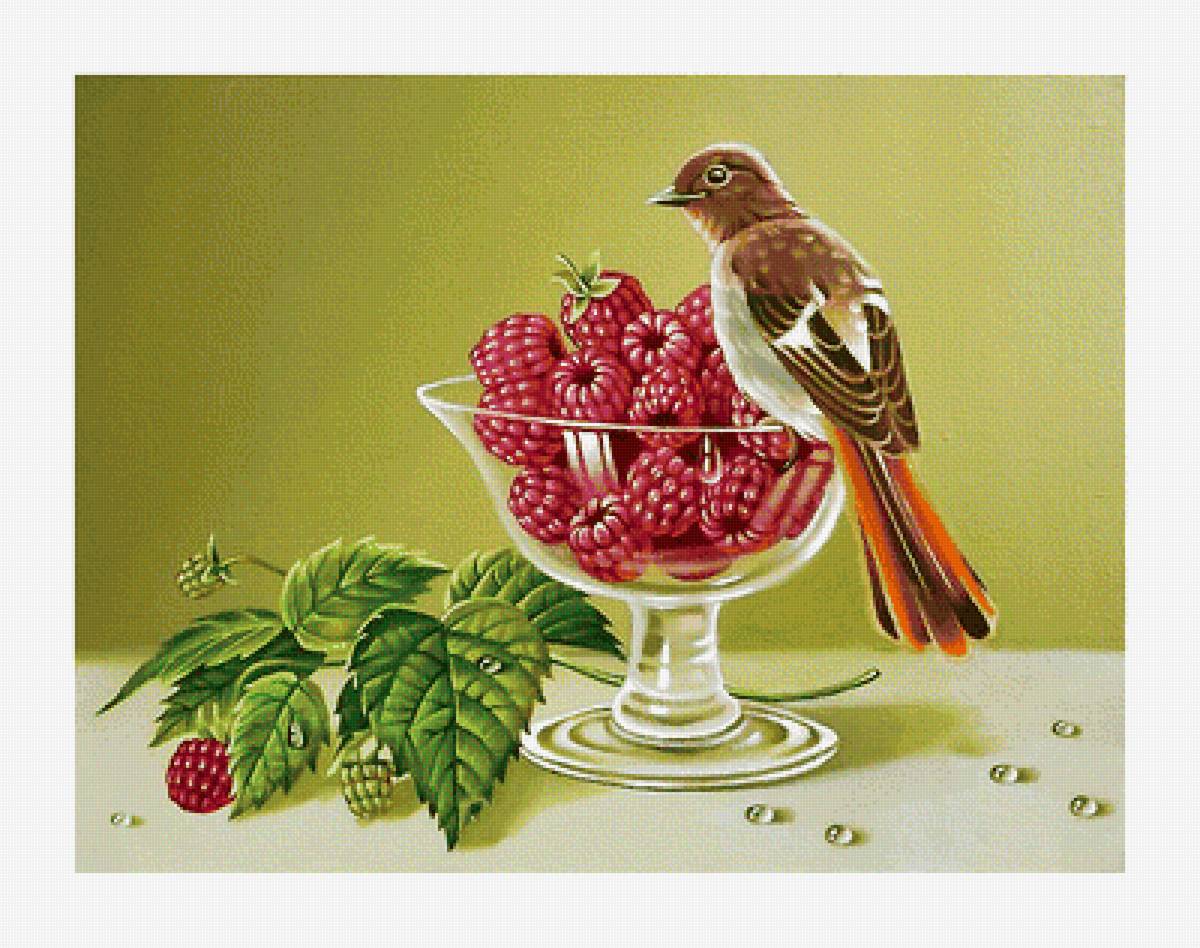 Серия "Натюрморты". - птицы, малина, ягоды, натюрморт - предпросмотр