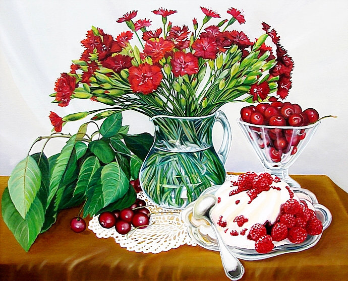 Летний натюрморт - букет, малина, цветы, вишня, ягоды, десерт, гвоздики, натюрморт - оригинал