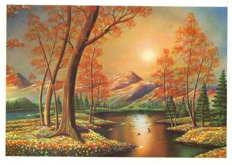 Осенний пейзаж - закат, река, осень, горы - оригинал