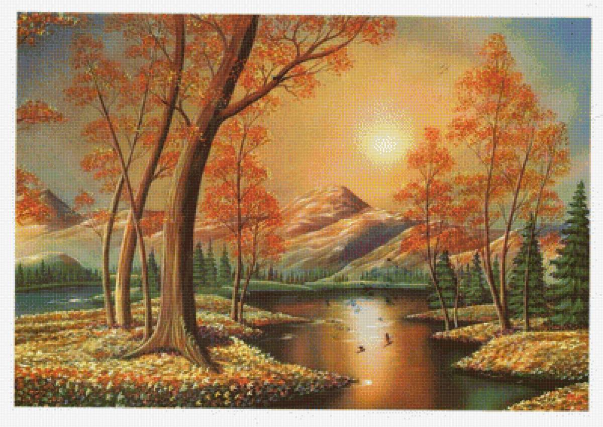 Осенний пейзаж - осень, река, горы, закат - предпросмотр