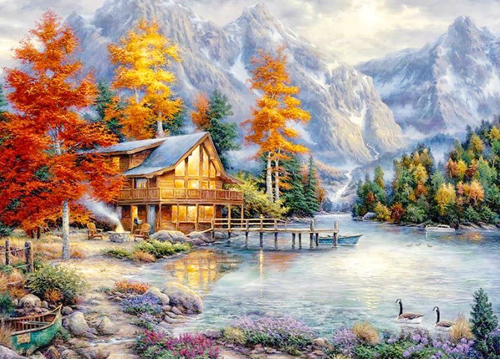 Горный пейзаж - озеро, гуси, дом, горы, осень - оригинал