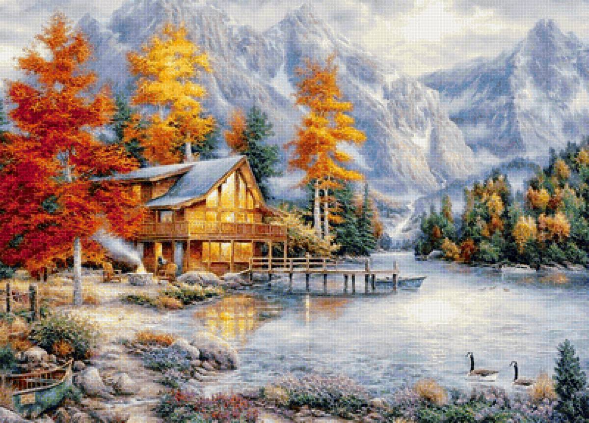Горный пейзаж - горы, озеро, гуси, дом, осень - предпросмотр
