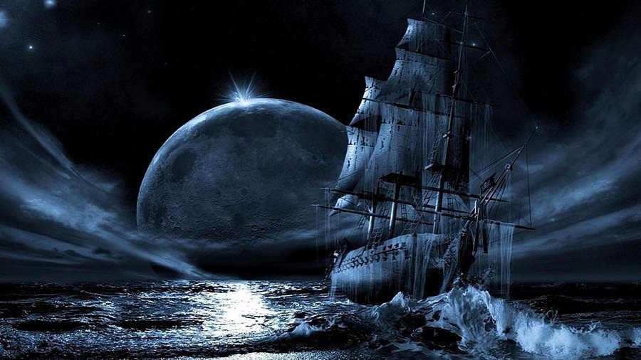 корабль в ночном море - корабли, фэнтези, море - оригинал