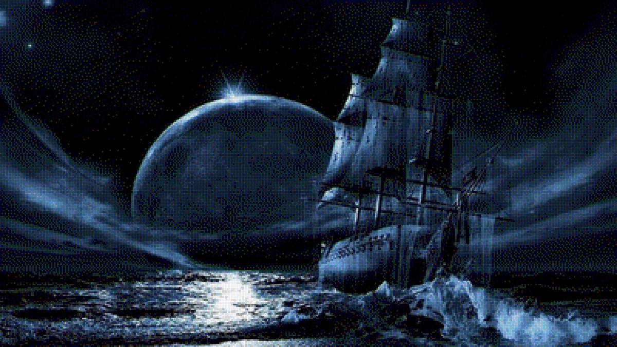 корабль в ночном море - фэнтези, корабли, море - предпросмотр