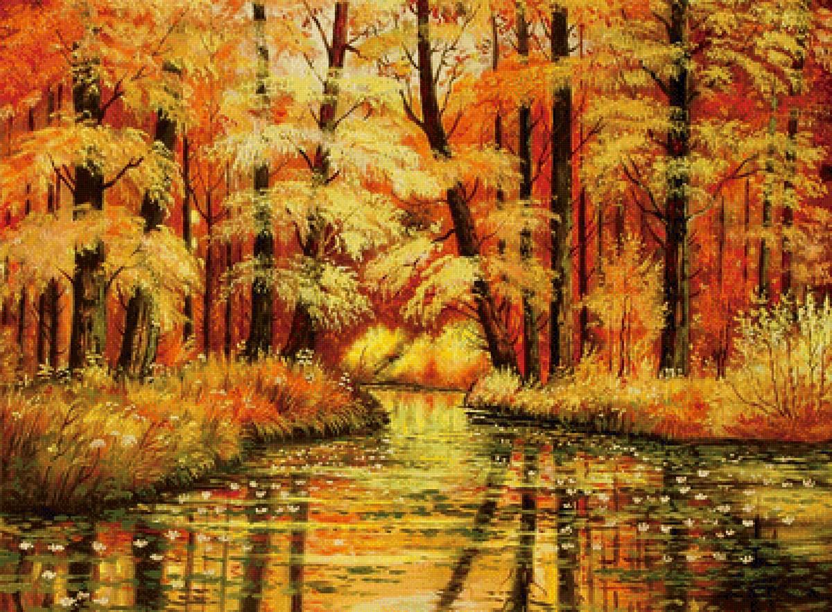 Осенний пейзаж - лес, осень, заводь, река - предпросмотр