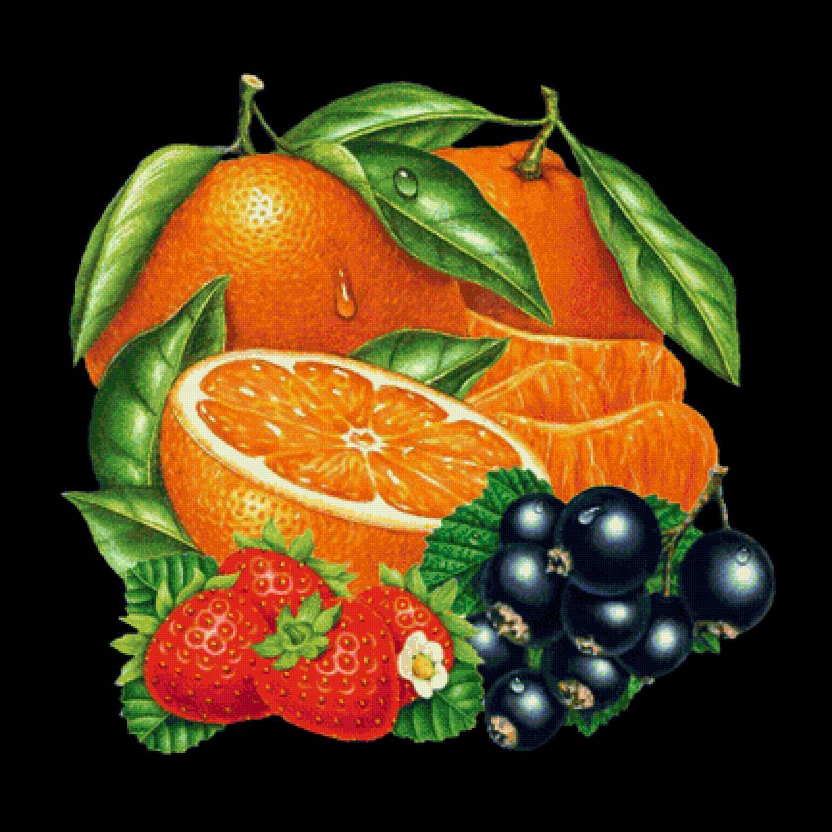 Фрукты на черном - фрукты, апельсин, клубника, смородина - предпросмотр