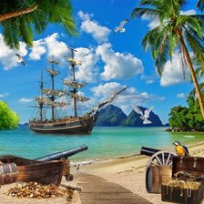 остров сокровищ, корабль, морской пейзаж, сказочный пейз