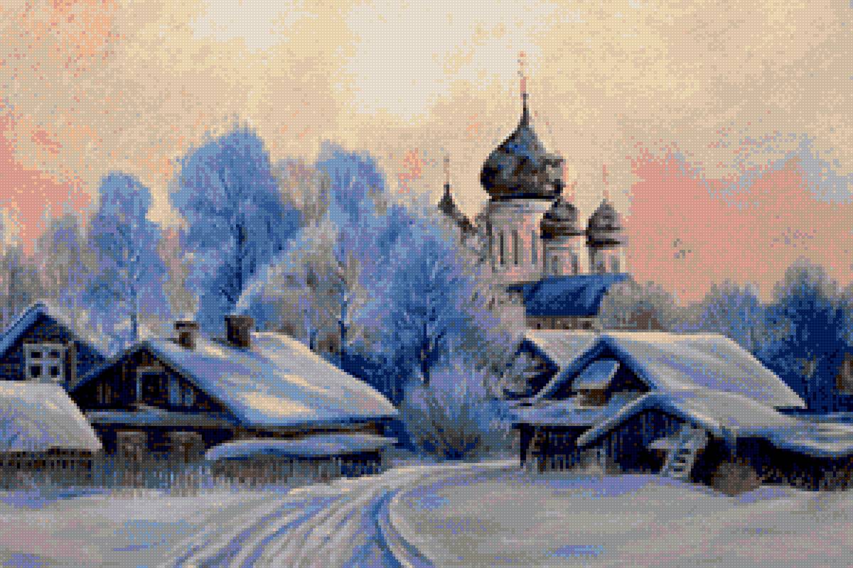 Зима в деревне - хата, село, церковь, зима, дома, деревня, зимний пейзаж - предпросмотр
