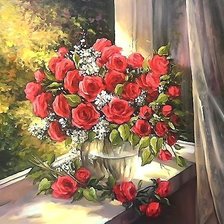 Оригинал схемы вышивки «красные розы на окне» (№1805748)