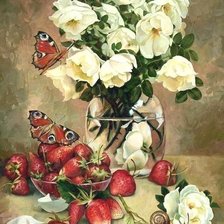 Оригинал схемы вышивки «серия цветы: белые розы и клубника» (№1858327)