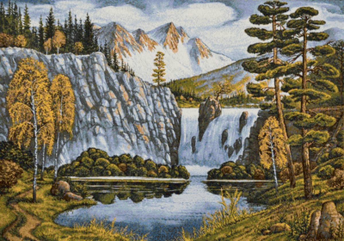 Горный пейзаж - осень, горы, река, водопад - предпросмотр