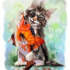 Схема вышивки «Кот с рыбкой»