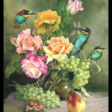 Схема вышивки «Цветочно-фруктовый натюрморт с птицами.»