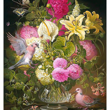 Оригинал схемы вышивки «Цветочный натюрморт и голуби.» (№1966444)