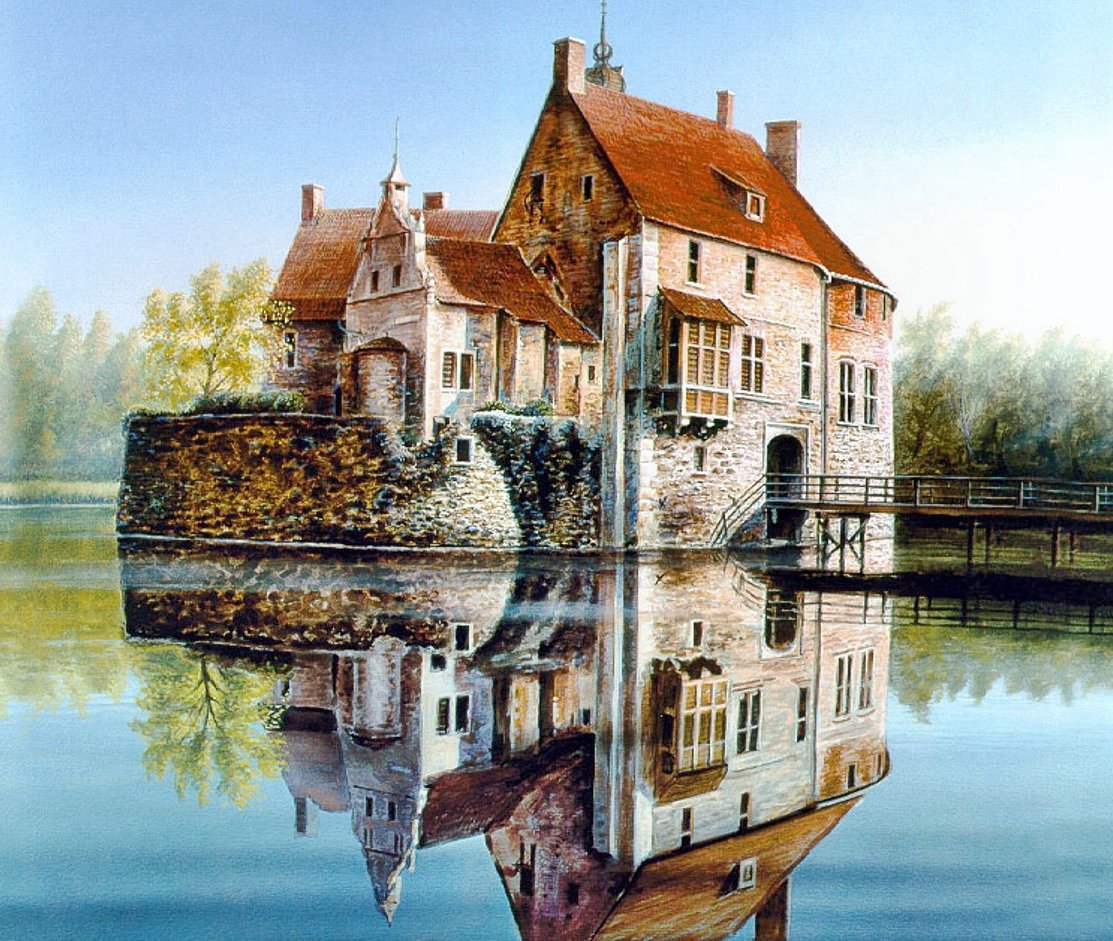 старый замок - река, замок, отражение - оригинал