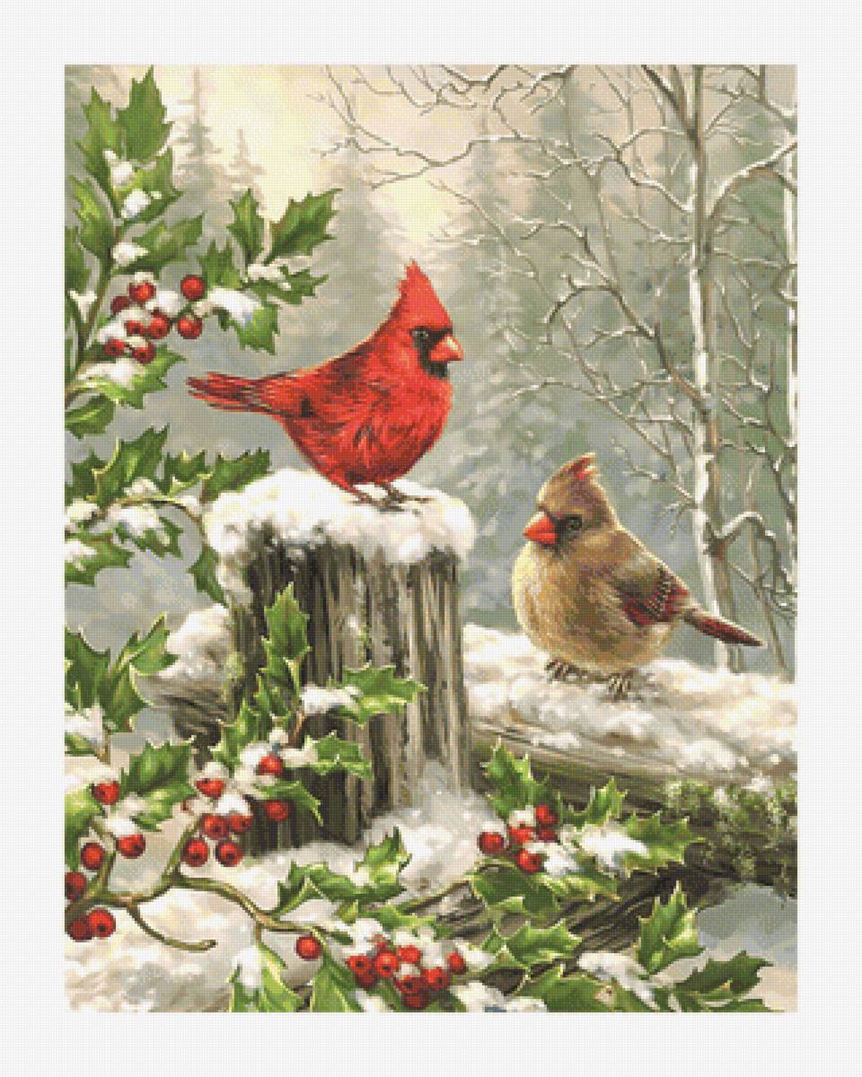 Рождественские кардиналы. - снег, живопись, рождество, зима, птицы, кардиналы - предпросмотр