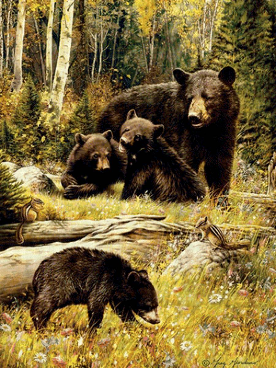 Семья на прогулке - лес, медвежата, медведь, фауна - предпросмотр
