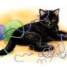 Схема вышивки «Котенок черный и клубочки пряжи»