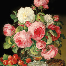 Натюрморт с розами и вишней.