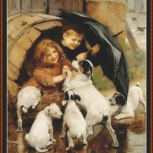 Схема вышивки «Щенки и дети под дождем»