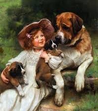 Схема вышивки «Девочка, собака со щенками»