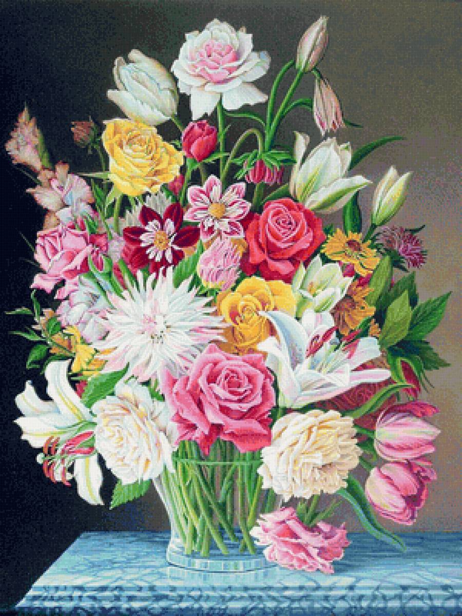 Прекрасный букет - розовые цветы, розы, желтые цветы, тюльпаны, букет, лилии, белые цветы - предпросмотр