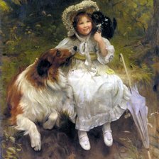 Схема вышивки «Девочка с собакой и котёнком. Артур Джон Элсли»