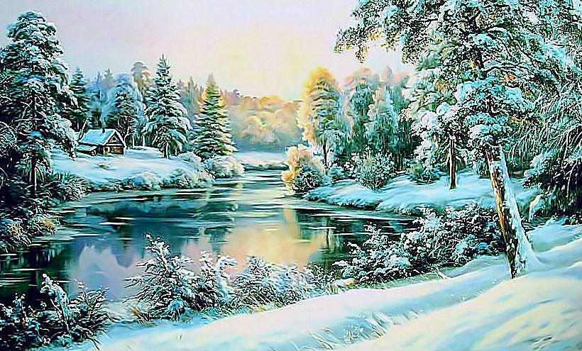 Зимний пейзаж - река, зима, домик, снег, лес - оригинал
