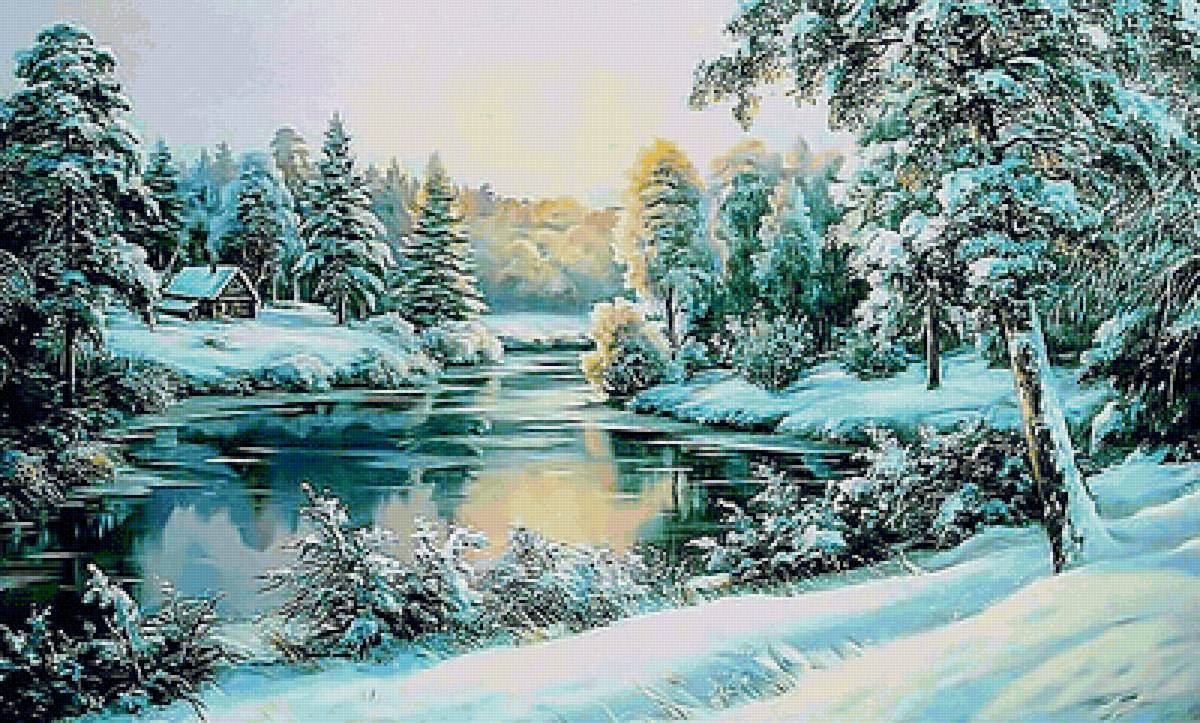 Зимний пейзаж - домик, лес, река, зима, снег - предпросмотр