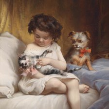 Схема вышивки «Девочка, котёнок и щенок. Карл Райхерт (Carl Reichert)»