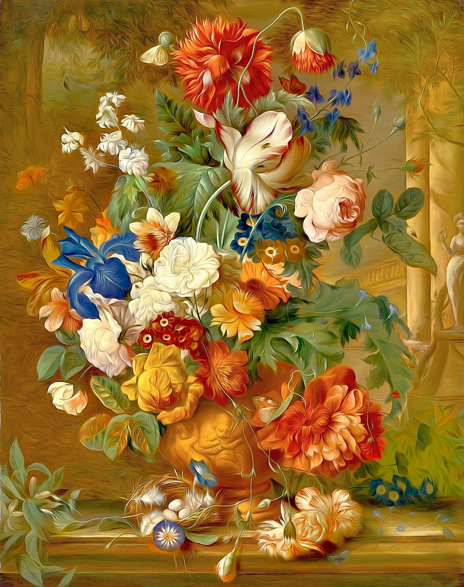 Натюрморт - цветы, цветы в вазе, гвоздики, маки, розы - оригинал