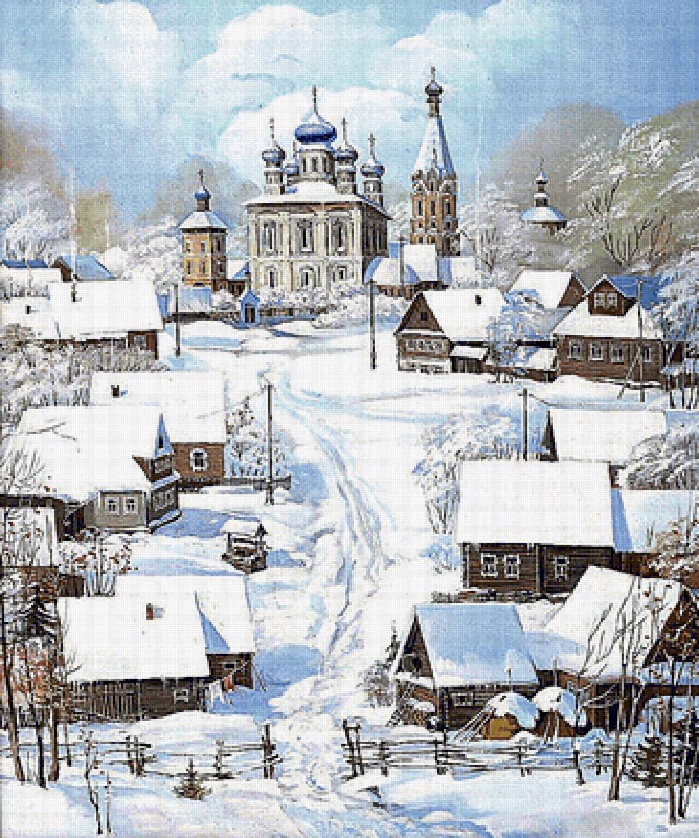 Зимний пейзаж - дома, деревня, церковь, снег - предпросмотр