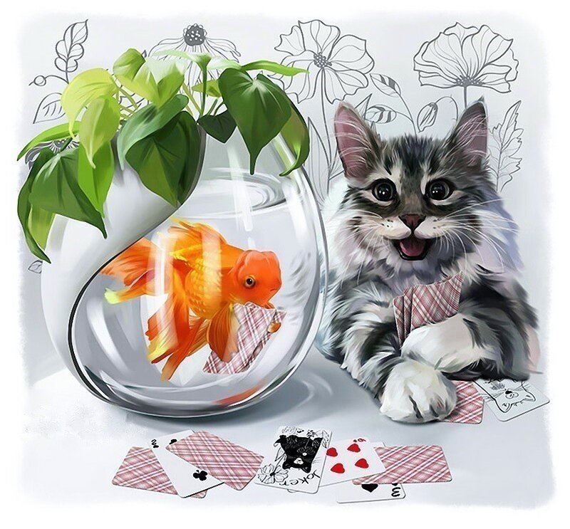 Игра в карты - рыбка, кот, аквариум, карты - оригинал