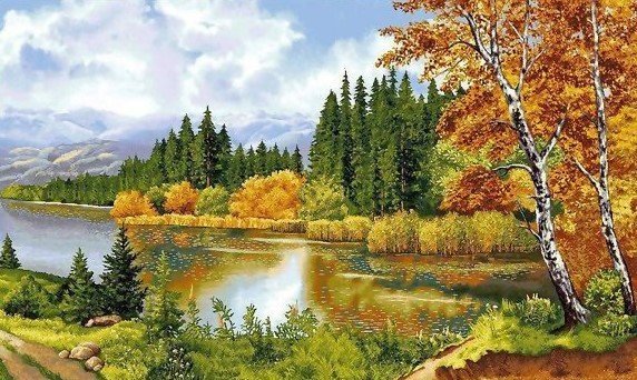 Осенний пейзаж - осень, река, лес, горы, березы - оригинал