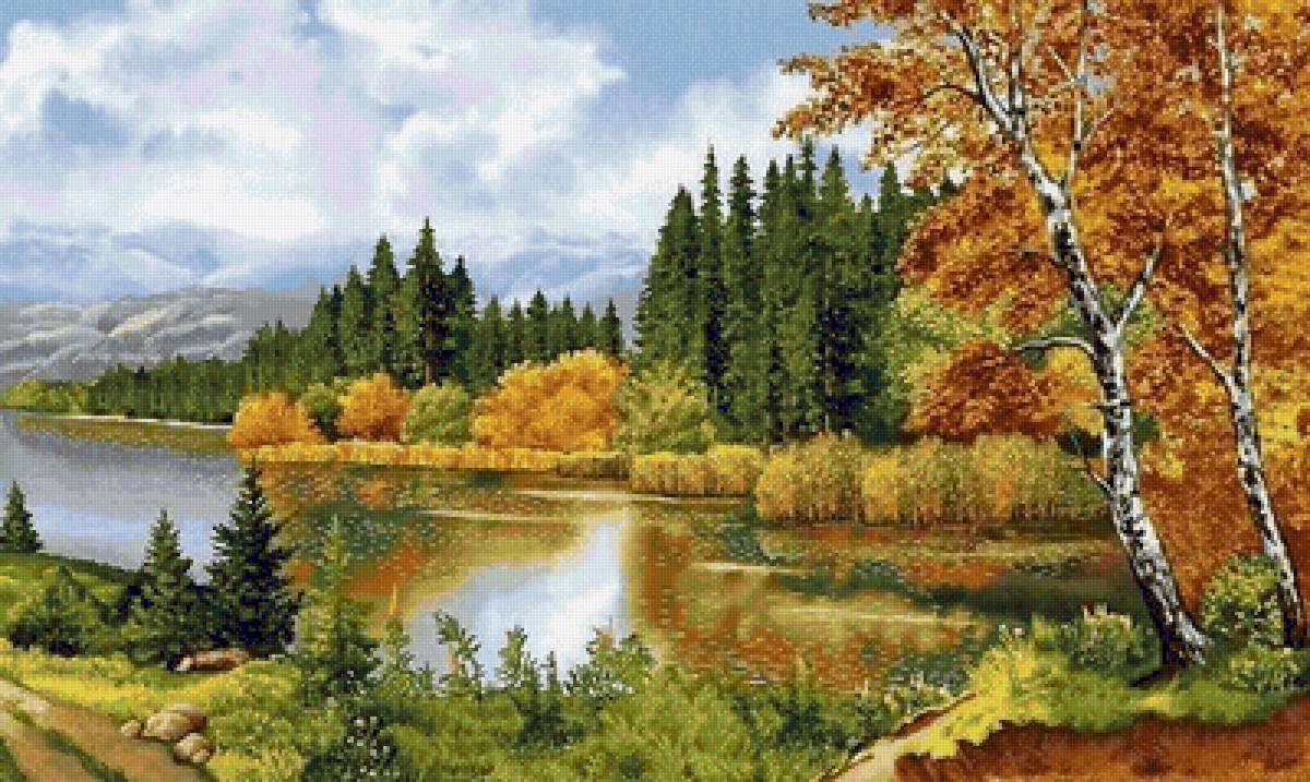 Осенний пейзаж - березы, лес, осень, горы, река - предпросмотр