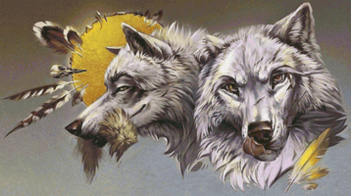 Два волка - бубен, перья, хищник, волки - предпросмотр