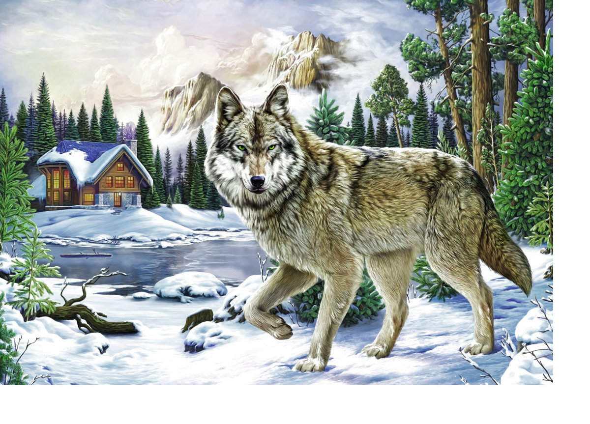 Волк - снег, река, лес, домик, горы, зимний пейзаж - оригинал