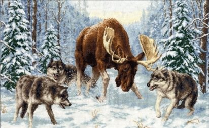 Встреча в лесу - лось, встреча, собаки, зима - оригинал