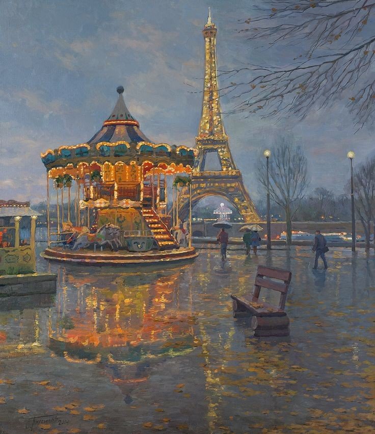 Париж - город, прогулка, карусель, париж, башня, дождь - оригинал