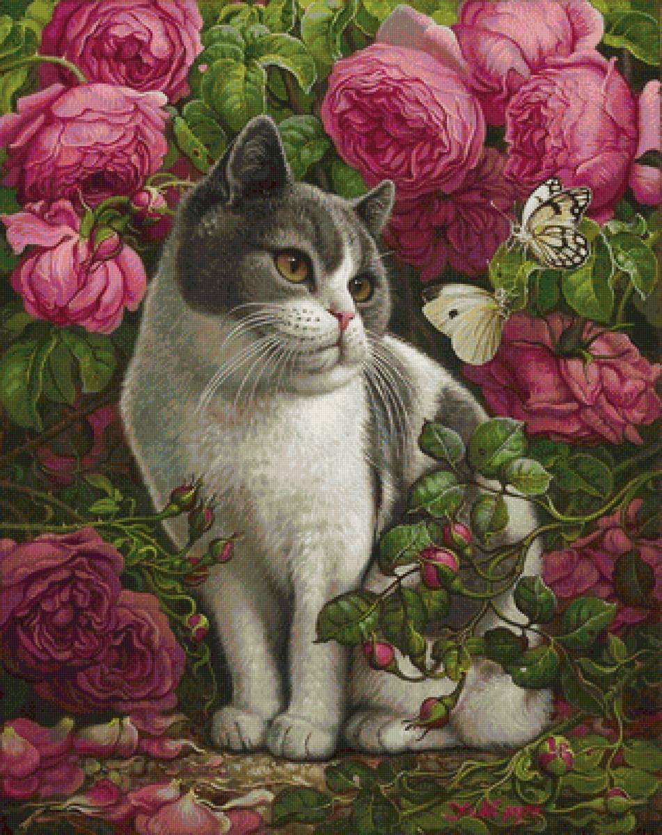 Кот в пионах - пионы, кот, цветы, животное - предпросмотр