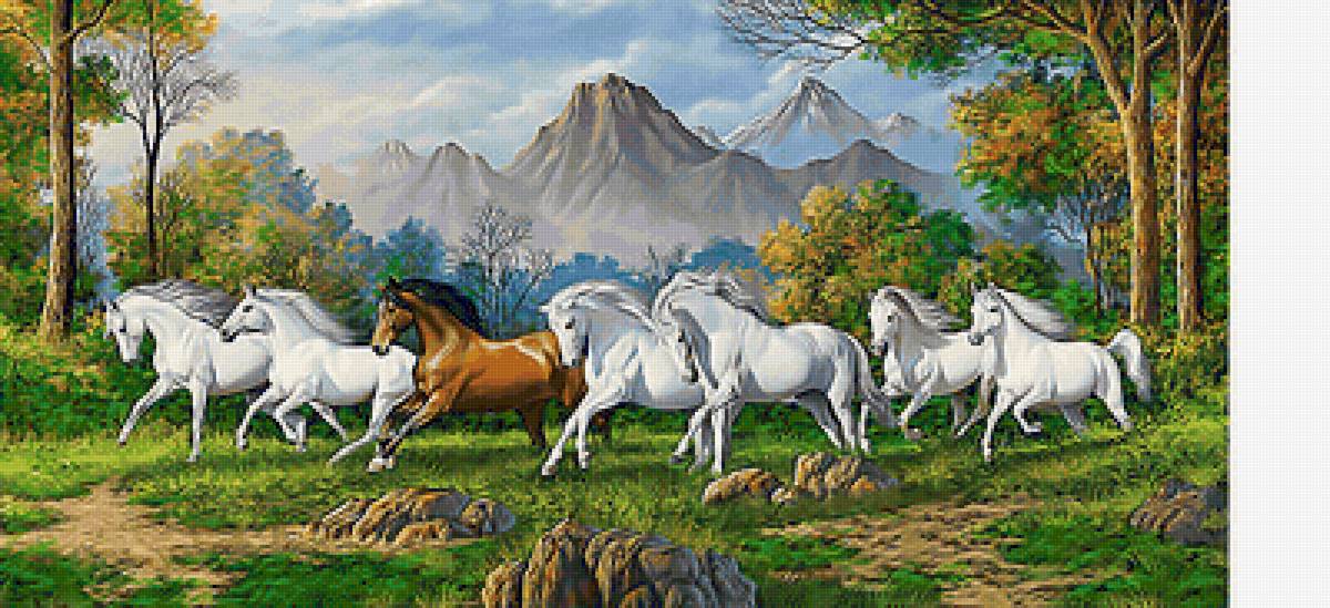 Лошади - пейзаж, кони, горы, животные - предпросмотр