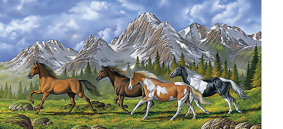 Лошади - пейзаж, лошади, животные, горы - оригинал