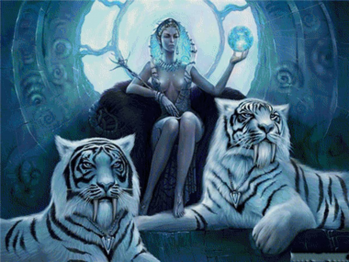 девушка с белыми тиграми - животные, белый тигр, девушка - предпросмотр