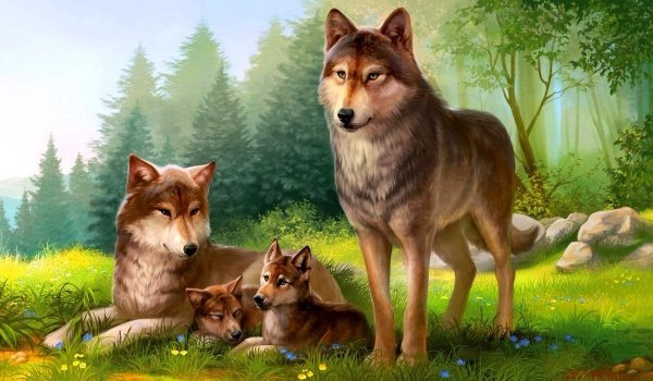 Картина волчья семья - волки, картина, семья - оригинал